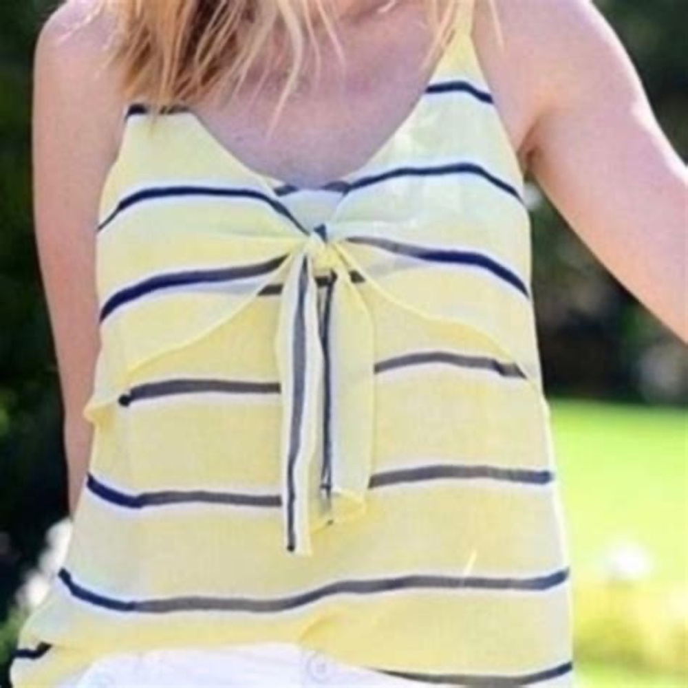 CABI Women's Yellow Stripe Sheer Chiffon Sleeveless Front Ties Tank Top, small